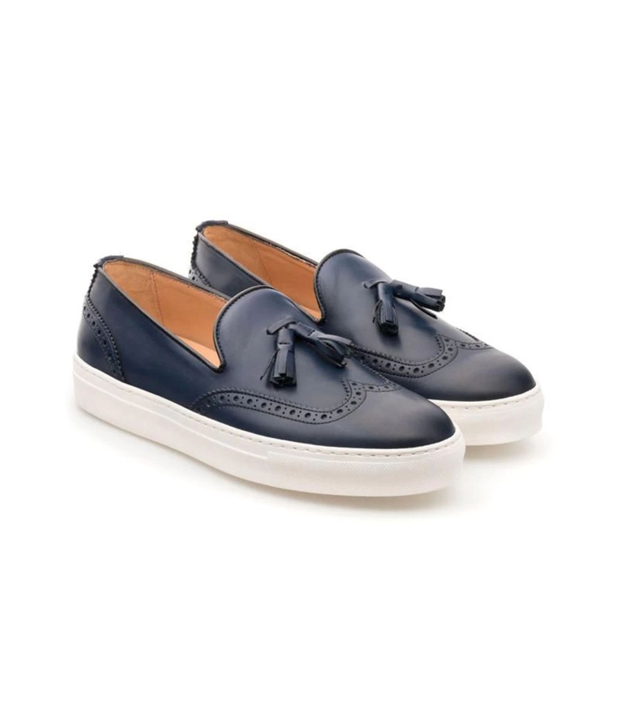 Uomo Soldini Mocassini | Mocassino Slip On Uomo Soldini In Pelle Con Nappine Colore Blu - 20788Bv86