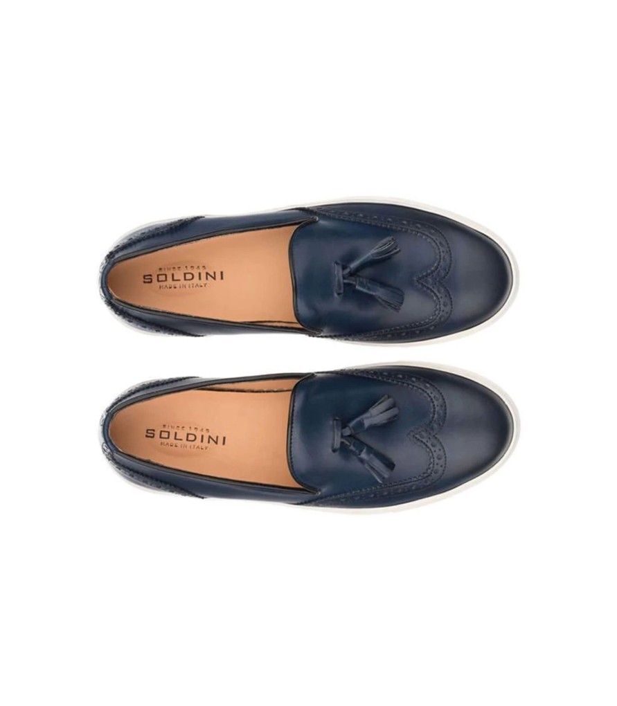 Uomo Soldini Mocassini | Mocassino Slip On Uomo Soldini In Pelle Con Nappine Colore Blu - 20788Bv86